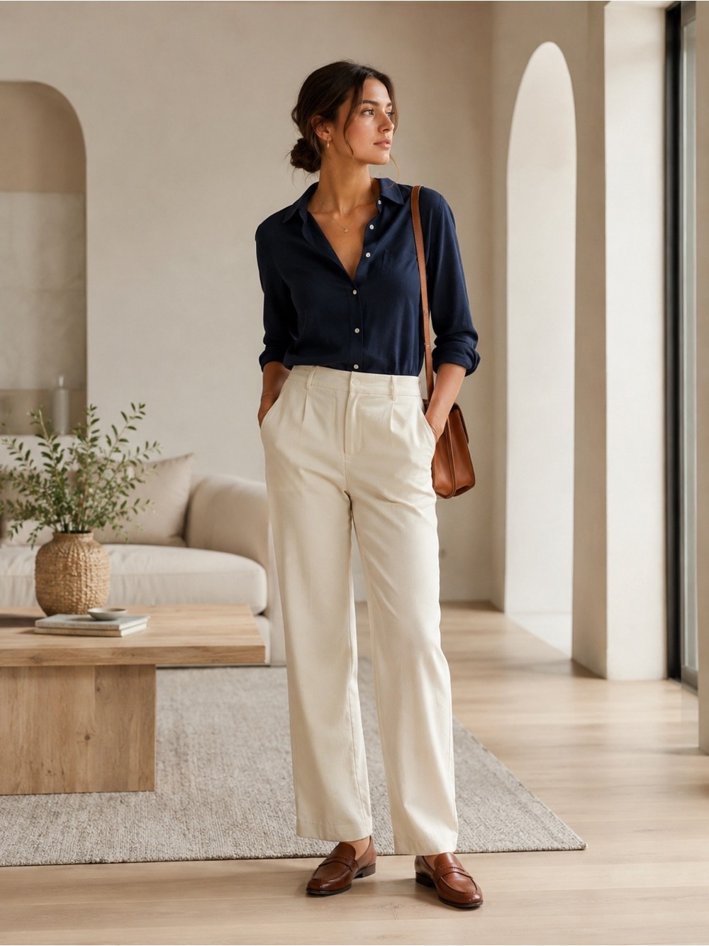 Lauren Ralph Lauren Cream Linen Blend Trouser Pants Sz 6 Wide Leg Quiet Luxury